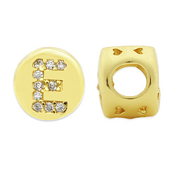 Letter E Brass Micro Pave Clear Cubic Zirconia Beads, Flat Round with Letter, Letter.E, 7.5x6.5mm, Hole: 3.5mm, 3pcs/bag