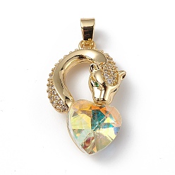 Light Goldenrod Yellow Real 18K Gold Plated Rack Plating Brass Micro Pave Clear Cubic Zirconia Pendants, with Glass, Long-Lasting Plated, Cadmium Free & Lead Free, Leopard with Heart Charm, Light Goldenrod Yellow, 28.5x17.5x8mm, Hole: 5x3.2mm