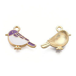 Púrpura Media Charms de aleación, con esmalte, la luz de oro, pájaro, púrpura medio, 15.5x19.5x3 mm, agujero: 2 mm