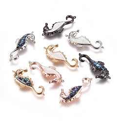 Mixed Color Brass Micro Pave Cubic Zirconia Links, with Shell, Sea Horse, Mixed Color, 26x11x3mm, Hole: 1mm