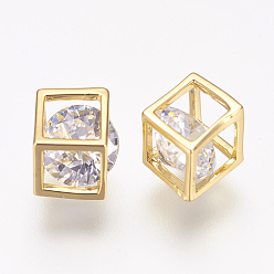 Real 18K Gold Plated Brass Cubic Zirconia Charms, Cube, Real 18K Gold Plated, 4.5x4.5x4.5mm