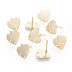 Real 18K Gold Plated Brass Ear Studs Components, Heart, Nickel Free, Real 18K Gold Plated, 12x12x0.4mm, Hole: 1mm, Pin: 0.8mm