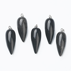 Obsidienne Pendentifs pointus d'obsidienne naturelle, avec les accessoires en laiton de platine, balle, 32~33x12mm, Trou: 2.5x6mm