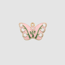 Pink Alloy Pendants, with Enamel, Light Gold, Butterfly with Bluebell, Pink, 18x28mm