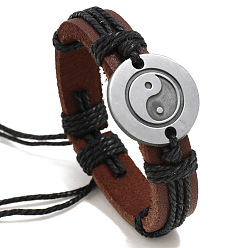 Black Adjustable Cowhide Cord Bracelets for Men, Antique Silver Tone Yin Yang Alloy Links Bracelets, Black, 6-3/4~7-1/8 inch(17~18cm)