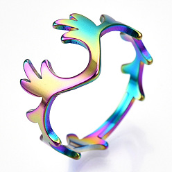 Rainbow Color Ion Plating(IP) 304 Stainless Steel Deer Antler Adjustable Ring for Women, Rainbow Color, US Size 6 1/2(16.9mm)
