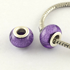 Mauve Large Hole Resin European Beads, with Silver Color Plated Brass Double Cores, Rondelle, Mauve, 14x9mm, Hole: 5mm