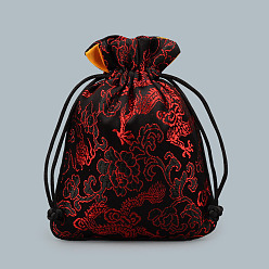 Rouge Foncé Sacs-cadeaux de bijoux de cordon de soie de style chinois, pochettes de rangement pour bijoux, doublure couleur aléatoire, rectangle avec motif dragon, rouge foncé, 15x11.5 cm