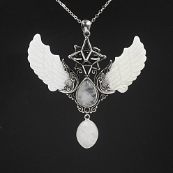 Quartz Crystal Natural Quartz Crystal Angel Wing Big Pendants, Star Charms with Shell Wing, Antique Silver, 85x75x25mm