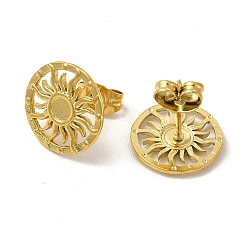 Real 18K Gold Plated Ion Plating(IP) 304 Stainless Steel Stud Earring Cabochon Settings, Flat Round with Sun, Real 18K Gold Plated, Tray: 3mm, 12mm, Pin: 0.8mm