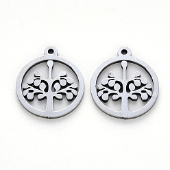 Stainless Steel Color 304 Stainless Steel Pendants, Laser Cut, Round Ring with Tree, Stainless Steel Color, 17x15x1mm, Hole: 1.2mm