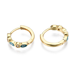 Turquoise Brass Micro Pave Cubic Zirconia Huggie Hoop Earrings, with Enamel, Nickel Free, Ring with Evil Eye, Real 16K Gold Plated, Turquoise, 16x3mm, Pin: 1mm