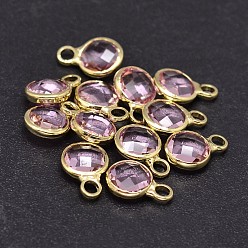 Perlas de Color Rosa Vidrio encanto plana redonda, con oro chapado fornituras de latón, facetados, rosa perla, 9x6x3 mm, agujero: 2 mm