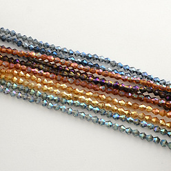 Color mezclado Abalorios de vidrio electrochapdo, arco iris chapado, bicono facetados, color mezclado, 3x3.5 mm, agujero: 1 mm, sobre 125~130 unidades / cadena, 18 pulgada
