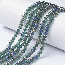 Medium Sea Green Electroplate Transparent Glass Beads Strands, Full Rainbow Plated, Faceted, Rondelle, Medium Sea Green, 6x5mm, Hole: 1mm, about 85~88pcs/strand, 16.1~16.5 inch(41~42cm)