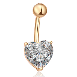 Clear Real 18K Gold Plated Body Jewelry Heart Cubic Zirconia Brass Navel Ring Navel Ring Belly Rings, with 304 Stainless Steel Bar, Clear, 25x10mm, Bar Length: 3/8"(10mm), Bar: 14 Gauge(1.6mm)