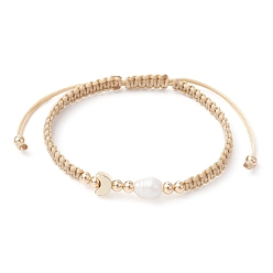 Moon Brass & Natural Pearl Braided Bead Bracelets, Adjustable Bracelet, Moon, Inner Diameter: 1-3/4~3-1/2 inch(4.6~8.8cm)