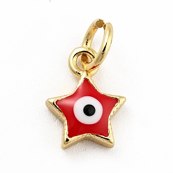 Red Rack Plating Brass Enamel Charms, with Jump Rings, Cadmium Free & Lead Free, Real 18K Gold Plated, Star with Evil Eye, Red, 9.5x7.5x2.6mm, Hole: 3mm