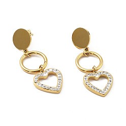 Golden Crystal Rhinestone Ring and Heart Long Dangle Stud Earrings with 316 Stainless Steel Pins, Vacuum Plating 304 Stainless Steel Jewelry for Women, Golden, 48mm, Pin: 0.7mm