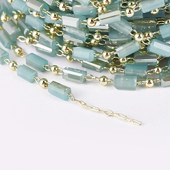Medium Aquamarine Handmade Glass Beaded Chains, Soldered, with Brass Findings, with Spool, Long-Lasting Plated, Real 18K Gold Plated, Cuboid, Medium Aquamarine, 4.5x2.5~3x2.5~3mm, 2mm, about 32.8 Feet(10m)/roll