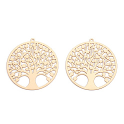 Light Gold Rack Plating Brass Filigree Pendants, Long-Lasting Plated, Flat Round with Tree of Life Charm, Nickel Free, Light Gold, 32x30x0.4mm, Hole: 1.2mm