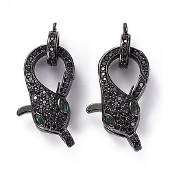 Electrophoresis Black Brass Micro Pave Black & Green Cubic Zirconia Lobster Claw Clasp, Long-Lasting Plated, with Jump Rings, Snake Shape, Electrophoresis Black, 23x12.5x7mm