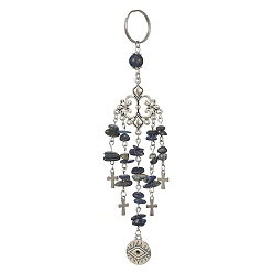 Lapis Lazuli Porte-clés rond plat avec pendentif en alliage pour les yeux, avec des perles de lapis-lazuli naturelles et des breloques croisées, pour les femmes sac clé de voiture pendentif décoration, 15.2x2.9 cm