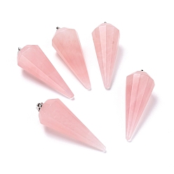 Quartz Rose Naturel a augmenté pendentifs en quartz, avec les accessoires en laiton, facette, cône / pic / pendule, platine, 42~44x15~16mm, Trou: 3.6x4mm