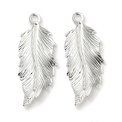 Real Platinum Plated Brass Pendants, Feather Charms, Real Platinum Plated, 32x12.5x1.5mm, Hole: 2mm