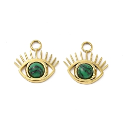 Malachite Natural Malachite Eye Charms, with Vacuum Plating Real 18K Gold Plated 201 Stainless Steel Findings, 15x14.5x3.5mm, Hole: 2.5mm
