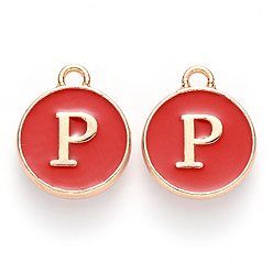 Letter P Golden Plated Enamel Alloy Charms, Enamelled Sequins, Flat Round, Red, Letter.P, 14x12x2mm, Hole: 1.5mm, 100pcs/Box