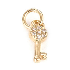 Real 18K Gold Plated Brass Micro Pave Clear Cubic Zirconia Pendants, with Jump Rings, Key, Real 18K Gold Plated, 11.5x4x2mm, Hole: 3mm, Jump Ring: 5x0.8mm