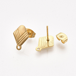 Golden 304 Stainless Steel Stud Earring Findings, with Ear Nuts/Earring Backs, Rhombus, Golden, 13x9mm, Hole: 1mm, Side Length: 8mm, Pin: 0.7mm