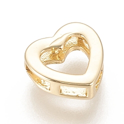 Real 18K Gold Plated Brass Slide Charms, Long-Lasting Plated, Heart, Real 18K Gold Plated, 10x10x3.5mm, Hole: 1.5~2x3~4mm
