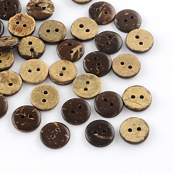Brun De Noix De Coco 2 -hole boutons de noix de coco plats et ronds, brun coco, 10x2mm, Trou: 1mm