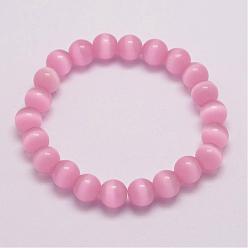 Pink Cat Eye Beads Stretch Bracelets, Round, Pink, 1-7/8 inch(47mm)
