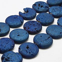 Plaqué Bleu Perles de cristal de géode druzy naturelles électroplaquées, plat rond, teint, bleu plaqué, 30x7~8mm, Trou: 2mm, Environ 7 pcs/chapelet, 8.26 pouce (21 cm)