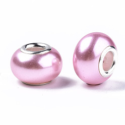 Pearl Pink Imitation Pearl Style Resin European Beads, Large Hole Rondelle Beads, with Silver Tone Brass Double Cores, Pearl Pink, 14x9mm, Hole: 5mm