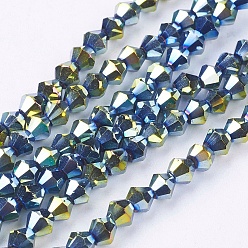 Green Plated Electroplate Glass Beads Strands, Faceted, Bicone, Green Plated, 4x4mm, Hole: 1mm, about 92~96pcs/strand, 13.78~14.37 inch