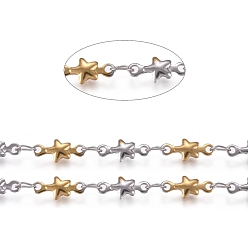 Oro & Acero Inoxidable Color 304 cadenas de eslabones de estrella de acero inoxidable, sin soldar, con carrete, acero color oro y acero, 4x10x1.7 mm, aproximadamente 32.8 pies (10 m) / rollo