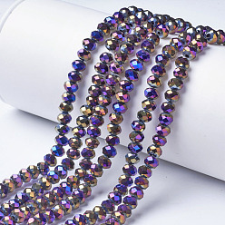 Purple Electroplate Opaque Glass Beads Strands, Full Rainbow Plated, Faceted, Rondelle, Purple, 4x3mm, Hole: 0.4mm, about 123~127pcs/strand, 16.5~16.9 inch(42~43cm)