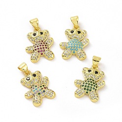 Mixed Color Brass Micro Pave Clear Cubic Zirconia Pendants, Bear, Mixed Color, 19x14x3mm, Hole: 3.5x5mm