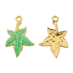 Lime Green Stainless Steel Pendants, with Enamel, Golden, Maple Leaf Charm, Lime Green, 22x18mm, Hole: 1.8mm