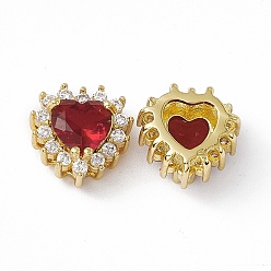 Red Rack Plating Brass Micro Pave Cubic Zirconia Beads, with Glass, Real 18K Gold Plated, Long-Lasting Plated, Cadmium Free & Nickel Free & Lead Free, Heart, Red, 10.5x10.5x6mm, Hole: 1.2~3.5x1.2~1.4mm