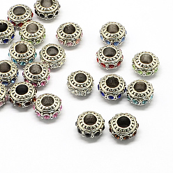 Mixed Color Alloy Rhinestone European Beads, Rondelle Large Hole Beads, Mixed Color, 11x7mm, Hole: 4.5mm