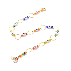 Golden Alloy Enamel Rainbow Charm Knitting Row Counter Chains, Acrylic Number & Glass Seed Beaded Knitting Row Counter Chains, Golden, 350mm