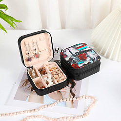 Fleur Boîte d'emballage de bijoux en cuir pu carré imprimé portable pour le stockage de colliers et boucles d'oreilles, fleur, 10x10x5 cm