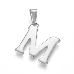 Letter M 304 Stainless Steel Pendants, Stainless Steel Color, Initial Letter.M, 20x18x1.8mm, Hole: 3x7mm