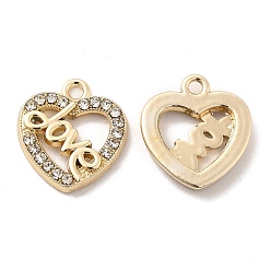 Oro Colgantes de aleación de chapado uv, con diamantes de imitación de cristal, corazón con amuletos de amor de la palabra, dorado, 14.5x13.5x2 mm, agujero: 1.5 mm