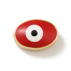 Brique Rouge Véritables perles en laiton plaqué or 18 k, avec l'émail, sans cadmium et sans plomb, plaqué longue durée, ovale avec le mauvais œil, firebrick, 6.5x10x5.5mm, Trou: 1.2mm